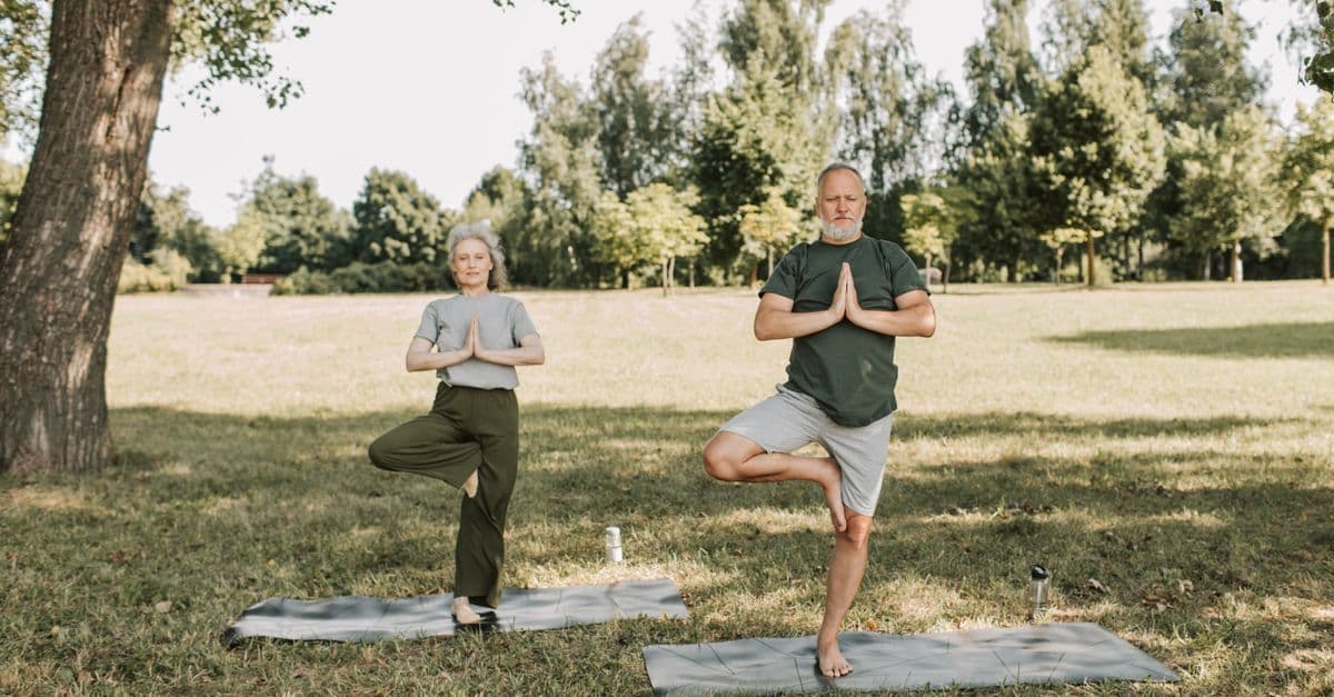 Older man and woman practicing a balancing yoga pose on mats in a sunlit green park