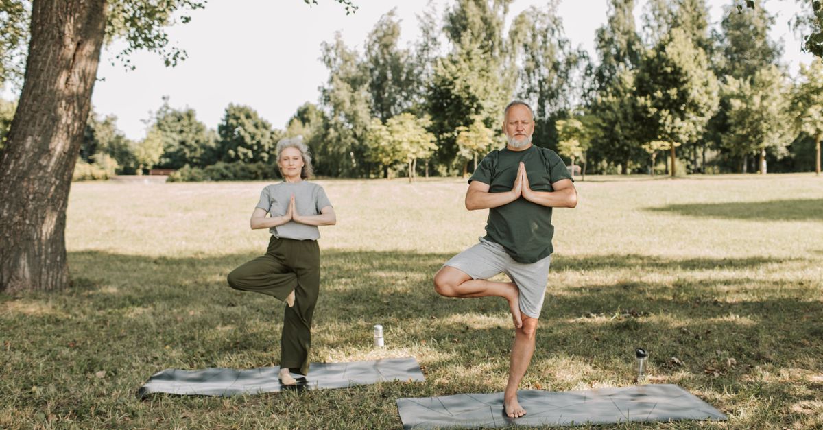 Older man and woman practicing a balancing yoga pose on mats in a sunlit green park
